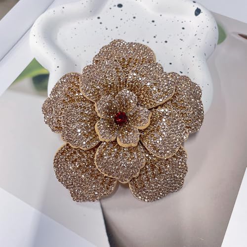 Rhinestone Flower Brooch Pin for Women Men Elegant Sparkly Crystal Camellia Floral Lapel Pins Shawl Dress Suit Clothes Accessories Wedding Party Fashion Jewelry 105mm - color: Champagne Brown