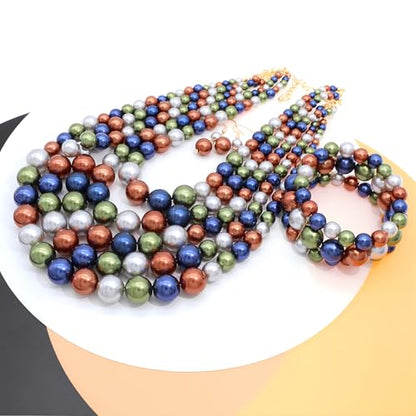 JNF Large Faux Pearl Necklaces for Women Multi strand Pearl Necklace Bracelet and Earrings Set 1920s Costume Pearls Necklace Jewelry Accessories - color: dark multi Color
