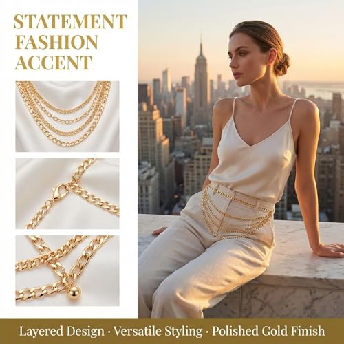 Gold Waist Chain Plus Size Fashion Body Chain Belt for Women Curvy Chains Belts Accessory Adjustable Metal Chain Belts for Wome Outfit Punk Style Dress Belt 43.3 Inch