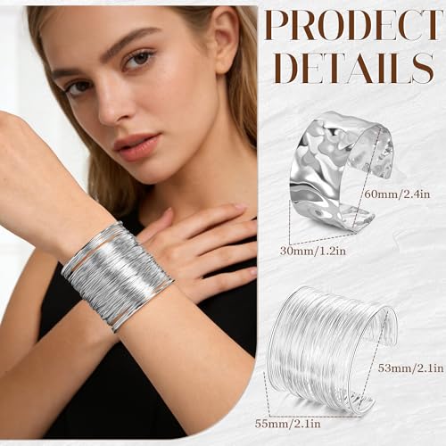 3PCS Chunky Cuff Bracelets for Women Irregular Minimalist Statement Bangle Bracelets Set Open Wide Wire Grooved Hammered Bangle Bracelet Gold Sliver Wrist Cuff Wrap Bracelet Adjustable - color: Silver Cuff Bracelets A
