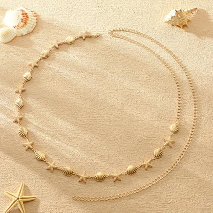 14K Gold Plated Waist Chain for Women Layered Waist Beads Belly Chain Belt, Waterproof Summer Beach Body Jewelry for Bikini, Festival Vacation Accessories for Women - style: Small Star Shell