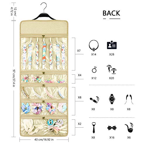 SMRITI Hanging Jewelry Organizer with Dual Zippered Pockets Canvas Double Sided Rotating Hanger Necklace Hanging Wall Organizer Earring Dustproof Holder Wall Mount Accessories Display Bag(Beige) - color: Beige