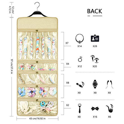 SMRITI Hanging Jewelry Organizer with Dual Zippered Pockets Canvas Double Sided Rotating Hanger Necklace Hanging Wall Organizer Earring Dustproof Holder Wall Mount Accessories Display Bag(Beige) - color: Beige