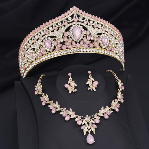 Princess Tiara Crown and Jewelry Sets for Women Wedding Rhinestone Crystal Tiaras and Crowns with Necklace Earrings Party Birthday Accessories - color: Opal Pink