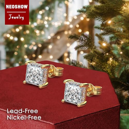 Princess Cut Cubic Zirconia Stud Earrings for Men Women | Square CZ Simulated Diamond Studs, 18K White Gold Plated Sterling Silver, Hypoallergenic - color: Gold, size: 5MM