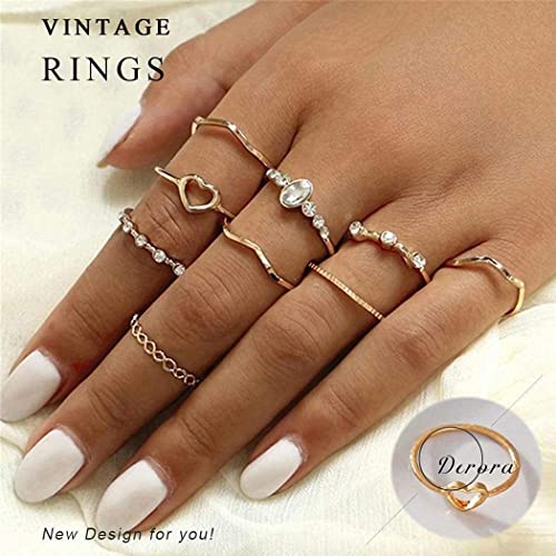 Boho Rings Set Gold Ring Crystal Joint Knuckle Finger Rings Stackable Ring Jewelry for Women (F)