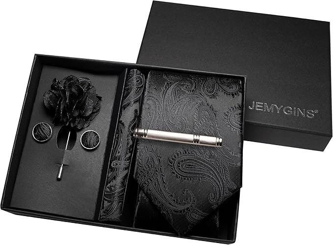 JEMYGINS Mens Paisley Tie and Pocket Square,Lapel Pin,Cufflinks,Tie Clip Sets with Gift Box 5PCS - color: Emerald Green/Black