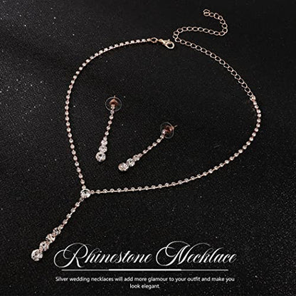 Yean Silver Bridal Jewelry Set Rhinestone Wedding Necklace and Earring Set Prom Jewelry for Women and Bride - color: Rose Gold