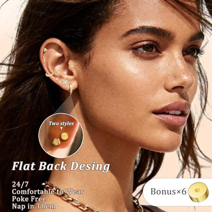 Stainless Steel Stud and Hoop Earrings Sets for Ear Stacks | Choose gold or silver pearl studs, CZ studs, flat backs, butterfly backs, hoops and multi-pair ear stack sets. - color: 12 Pairs 20G Gold