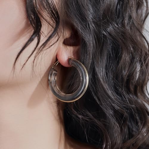 Chunky Gold Resin Hoop Earrings Leverback Statement Huggie Hoops Dangle Drop Dressy Earring Prom Festival Vacation Jewelry for Women - color: Black, size: Hoop