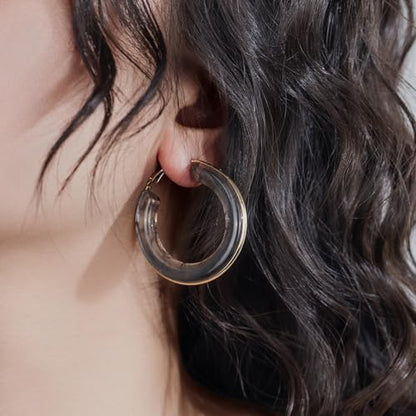 Chunky Gold Resin Hoop Earrings Leverback Statement Huggie Hoops Dangle Drop Dressy Earring Prom Festival Vacation Jewelry for Women - color: Black, size: Hoop