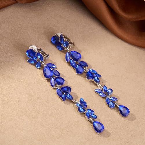 Crysdue Clip On Earrings for Women Rhinestone Crystal Teardrop Cluster Wedding Bridal Non Pierced Long Dangle Earring for Prom Party - color: Navy Blue Silver-Tone