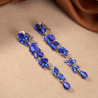 Crysdue Clip On Earrings for Women Rhinestone Crystal Teardrop Cluster Wedding Bridal Non Pierced Long Dangle Earring for Prom Party - color: Navy Blue Silver-Tone