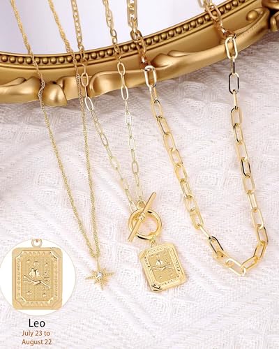 MJartoria Layered Necklaces for Women, 14K Gold Plated Brass | Star Choker, Square Birth Flower, Paperclip Chain, Trendy - color: Gold, style: ZZ-Leo