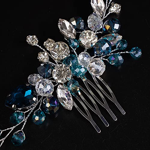 JWICOS Crystal Bride Wedding Hair Comb Rhinestone Bridal Hair Clip Glitter Wedding Hair Accessories for Women and Girls (Blue) - color: Blue