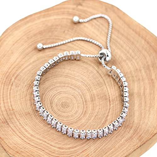 Uloveido Classic Emerald Cut Rectangular Cubic Zirconia Eternity Tennis Bracelet Adjustable for Women Y1788 - color: Platinum-white