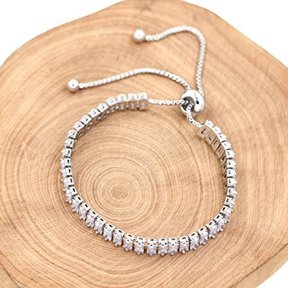 Uloveido Classic Emerald Cut Rectangular Cubic Zirconia Eternity Tennis Bracelet Adjustable for Women Y1788 - color: Platinum-white