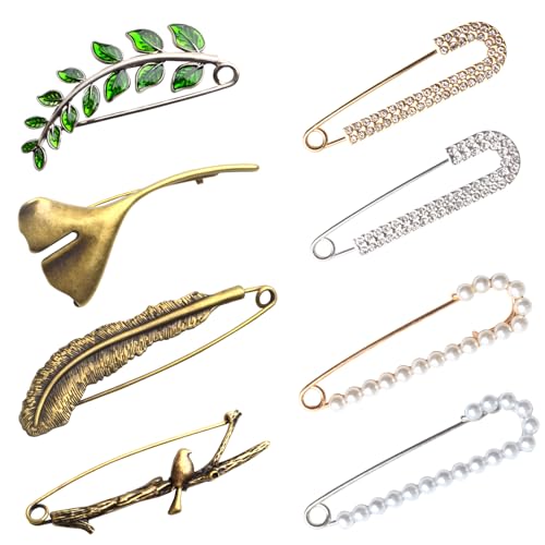 Extra Large Safety Pins Vintage Crystal Tree Leaf Branch Brooches Big Alloy Heavy Duty Sweater Shawl Clip Brooch Pin for Clothing Dress Skirt Hat Scarf Blanket - color: 8 Colors