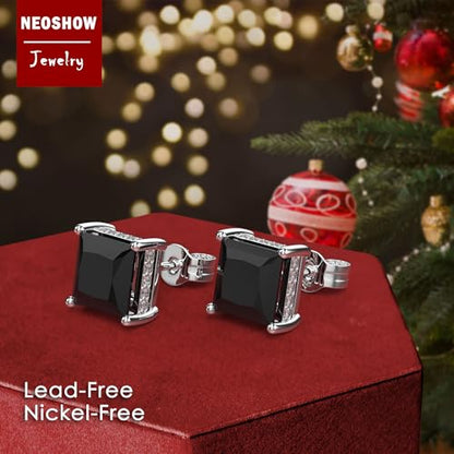 Princess Cut Cubic Zirconia Stud Earrings for Men Women | Square CZ Simulated Diamond Studs, 18K White Gold Plated Sterling Silver, Hypoallergenic - color: Black, size: 8MM