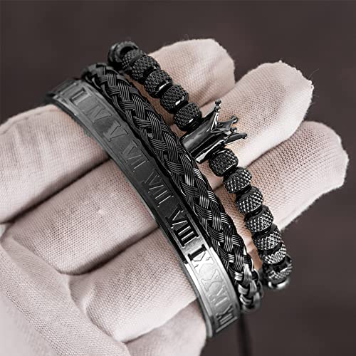 3pcs/set Classical Handmade Braiding Bracelet Hip Hop Men Pave CZ Leopard Head Roman Numeral Bracelet Stainless Steel Jewelry - color: 3pcs C Crwon Black