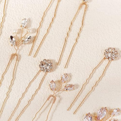 11 Pieces Bride Hair Pins Rhinestones Hair Accessories for Women Crystal Hair Piece for Wedding Bride Women Bridesmaids - color: 02 Gold-TJ-1211
