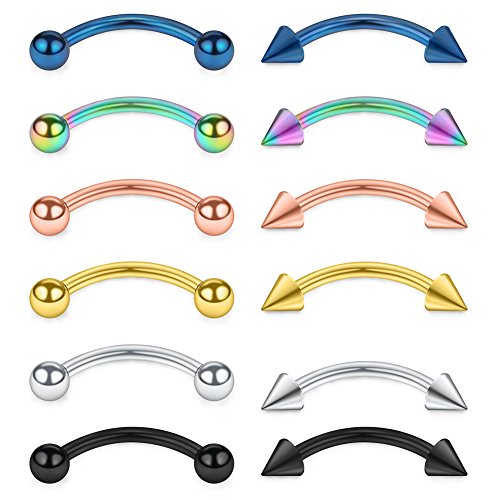 SCERRING 12PCS 16G Stainless Steel Curved Barbell Eyebrow Tragus Helix Ear Belly Lip Ring Body Piercing Jewelry - style: B: 6mm w Balls&Spikes