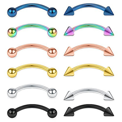 SCERRING 12PCS 16G Stainless Steel Curved Barbell Eyebrow Tragus Helix Ear Belly Lip Ring Body Piercing Jewelry - style: B: 6mm w Balls&Spikes