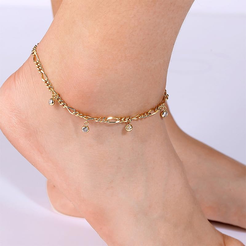 Gold Ankle Bracelets for Women 14k Gold Plated Cuban Link Chain Anklet Set | Stackable, Waterproof, Layered Anklet Bracelets, Non Tarnish, Summer Beach Jewelry - color: Gold A-1Pc