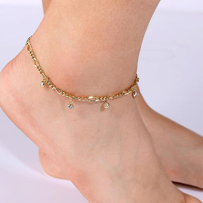 Gold Ankle Bracelets for Women 14k Gold Plated Cuban Link Chain Anklet Set | Stackable, Waterproof, Layered Anklet Bracelets, Non Tarnish, Summer Beach Jewelry - color: Gold A-1Pc