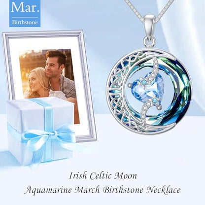 TOUPOP Birthstone Necklace Women Sterling Silver Moon Star Birthday Jewelry | Celtic Moon Pendant with Blue Crystal Anniversary Christmas Jewelry Gifts for Wife Mom Her - color: A-03-Aquamarine
