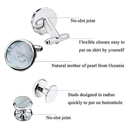 HAWSON Fashion Mother-of-Pearl Tuxedo Shirt Button and Cufflink Set, Specially Designed for Wedding Business - color: Silver Tone- MOP