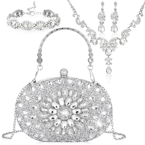 Quelay 4 Pcs Purse Rhinestone Jewelry Set Women | Wedding Bridal Prom Jewelry Sparkly Clutch Handbag with Necklace Bracelet Dangle Earrings Shiny Costume Kit - color: Silver, style: Traditional