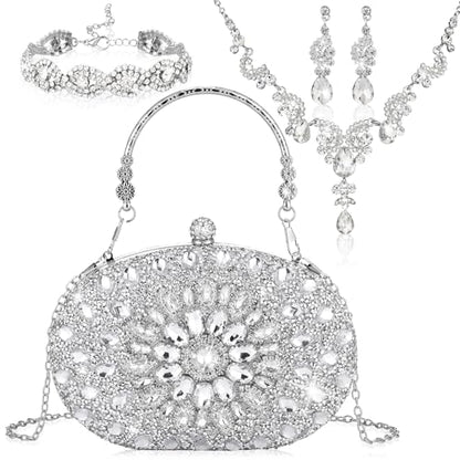 Quelay 4 Pcs Purse Rhinestone Jewelry Set Women | Wedding Bridal Prom Jewelry Sparkly Clutch Handbag with Necklace Bracelet Dangle Earrings Shiny Costume Kit - color: Silver, style: Traditional