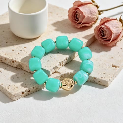 Chunky Beaded Bracelet for Women-Boho Bold Acrylic Resin Stretch Bracelets Trendy Summer Beach Elastic Bangle Vacation Jewelry Accessories - color: Style 2-Turquoise