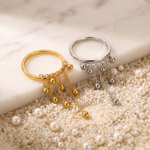 Tiny Ball Tassel Dangle Stacking Thin Band Ring for Women - 18K Golden Plated Stainless Steel Hanging Round Beads Chain Statement Knuckle Finger Rings Band Fashion Birthday Jewelry Size 7 - color: Gold