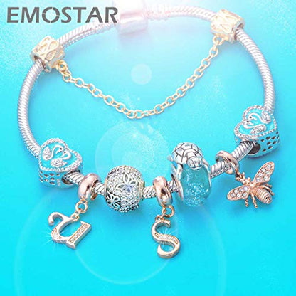 EMOSTAR Letter Charms Initial A-Z Alphabet Beads, Rose Gold 925 Sterling Silver Dangle CZ Birthstone Pendant, Gifts for European Charm Bracelet/Mothers Day/Birthday - color: Letter S