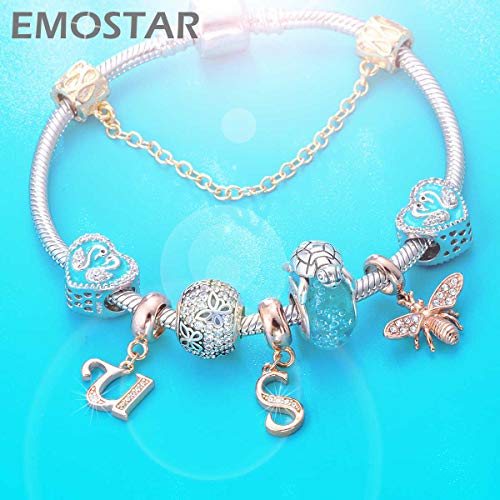 EMOSTAR Letter Charms Initial A-Z Alphabet Beads, Rose Gold 925 Sterling Silver Dangle CZ Birthstone Pendant, Gifts for European Charm Bracelet/Mothers Day/Birthday - color: Letter U