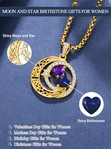 14K Gold Moon and Star Double Birthstone Necklace Gifts for Women | 2 Heart Birthstone Necklace,Mothers Day Wedding Anniversary Birthday Gifts for Wife Mom Daughter Grandma Sister - color: 02-09-Feb-Sept Birthstone