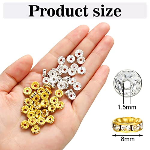 Hicarer 800 Pieces Round Rondelle Spacer Beads Crystal Rhinestone Loose Charm Beads for Jewelry Making(8 mm,Gold, Silver) - size: 8