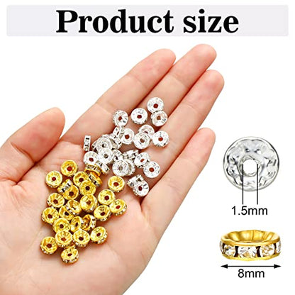 Hicarer 800 Pieces Round Rondelle Spacer Beads Crystal Rhinestone Loose Charm Beads for Jewelry Making(8 mm,Gold, Silver) - size: 8