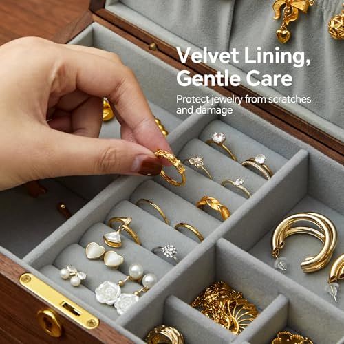 Jewelry Box Organizer for Women & Men 2-Layer Lockable | Wooden with Velvet Lining, Black Walnut Double Layer, Earring Ring Necklace Organizer, Lock & Key, Brass Handles - style: 2-layer lockable