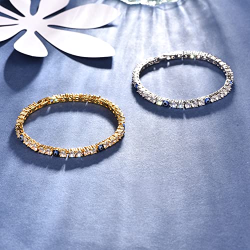 Evil Eye Bracelets for Women 18K Gold and Silver Filled with 4MM Cubic Zirconia Tennis Bracelet Evil Eye Jewelry - color: Silver
