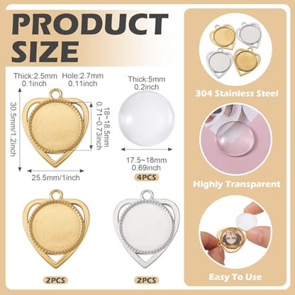 Craftdady Stainless Steel Pendant Cabochon Settings Heart Square Teardrop Flat Round Oval Rectangle Blank Bezel Trays Base Pendant with Glass Cabochons for DIY Earrings Necklace Jewelry - color: Stainless Steel Color Heart