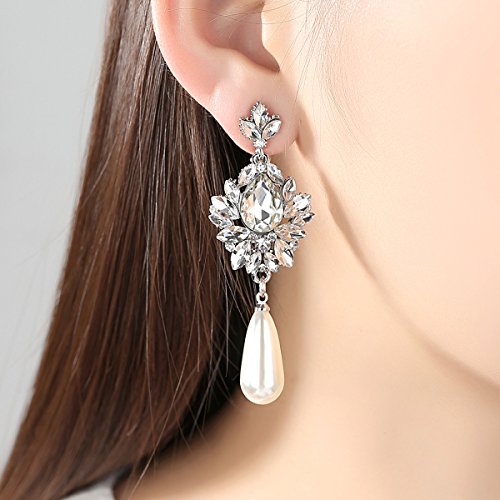 Flower Teardrop Bridal Wedding Dangle CZ Earrings in Silver/Gold Tone for Women Girl Bride Gift … - color: H-Clear