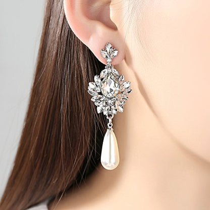 Flower Teardrop Bridal Wedding Dangle CZ Earrings in Silver/Gold Tone for Women Girl Bride Gift … - color: H-Clear