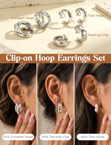 Giovanchi 3Pairs Clip on Earrings for Women with Non-Pierced Ears - Trendy Hypoallergenic 14K Gold Plated Chunky Tube Croissant Waterdrop Clip on Hoop Earrings - style: C-Silver