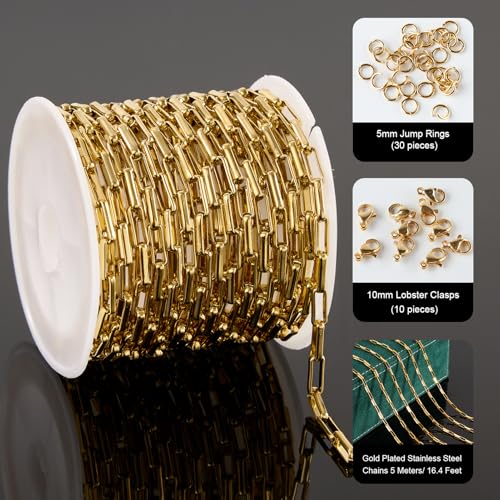 UMAOKANG 16.4 Feet Gold Plated Stainless Steel Chains for Jewelry Making Box Chain Link with Jump Rings and Lobster Clasps - color: Box Gold