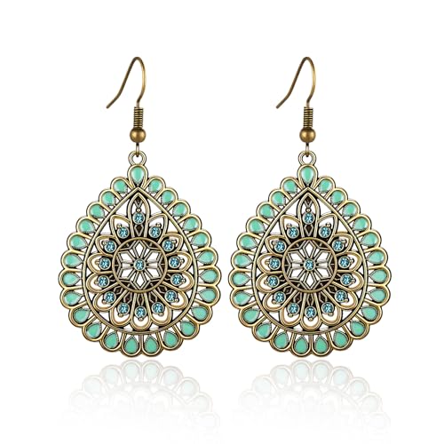 Boho Turquoise Dangle Earrings For Women Trendy,Western Blue Gemstone Drop Earings,Vintage Gothic Ethnic Statement Beach Vacation Long Birthstone Earrings with Leaf Teardrop Turquoise Crystal Tassels,Fashion Jewelry Birthday Gift. - style: A33 Vintage Bro