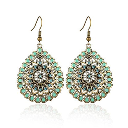 Boho Turquoise Dangle Earrings For Women Trendy,Western Blue Gemstone Drop Earings,Vintage Gothic Ethnic Statement Beach Vacation Long Birthstone Earrings with Leaf Teardrop Turquoise Crystal Tassels,Fashion Jewelry Birthday Gift. - style: A33 Vintage Bro