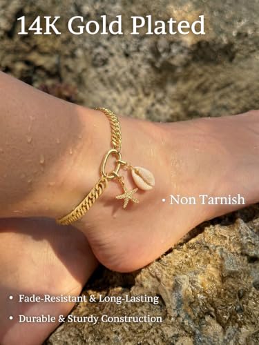 Anklets for Women Waterproof, 14K Gold Plated Anklet Non Tarnish | Ankle Bracelet for Women with Removable Starfish Shell Charms, Cuban Link Anklet for Big Ankles, Summer Beach Jewelry - style: Style1